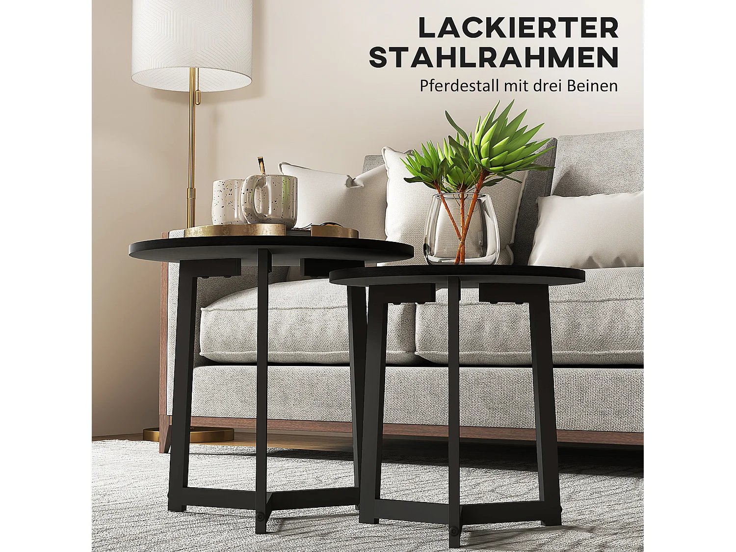 Table basse ronde, ensemble de 2 tables d'appoint, structure en acier, noir (48x48x45 cm)