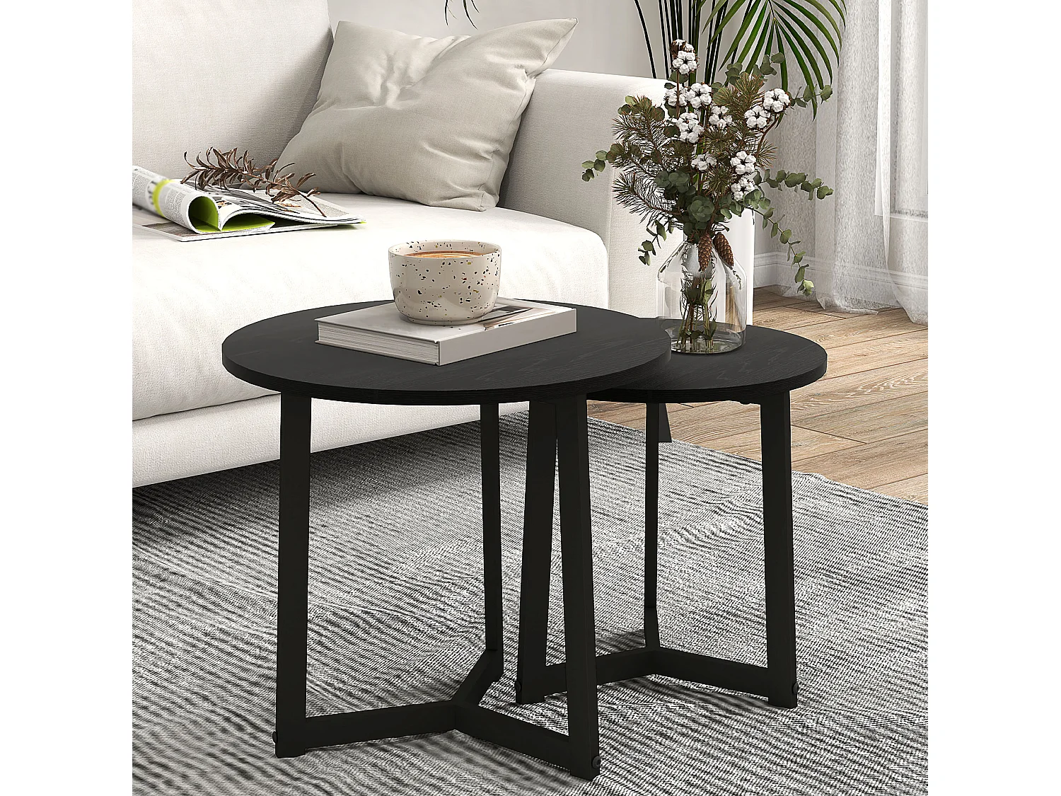 Table basse ronde, ensemble de 2 tables d'appoint, structure en acier, noir (48x48x45 cm)