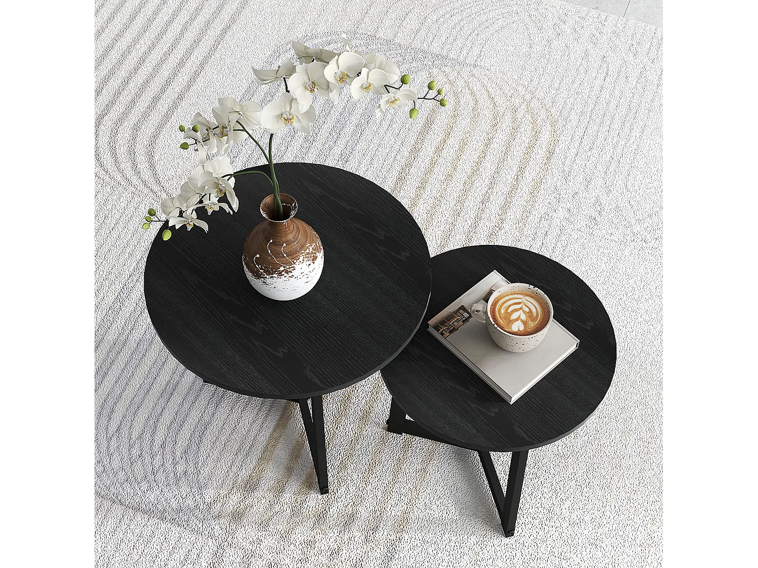 Table basse ronde, ensemble de 2 tables d'appoint, structure en acier, noir (48x48x45 cm)