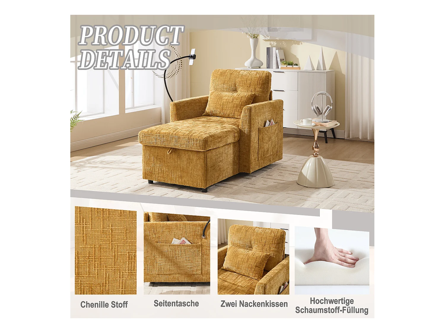 Fauteuil relax multifonction avec dossier escamotable, support pour téléphone, tissu chenille jaune moutarde (125x84.5x87 cm)