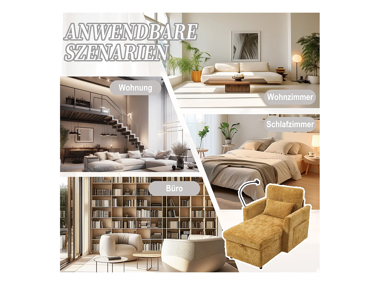 Fauteuil relax multifonction avec dossier escamotable, support pour téléphone, tissu chenille jaune moutarde (125x84.5x87 cm)