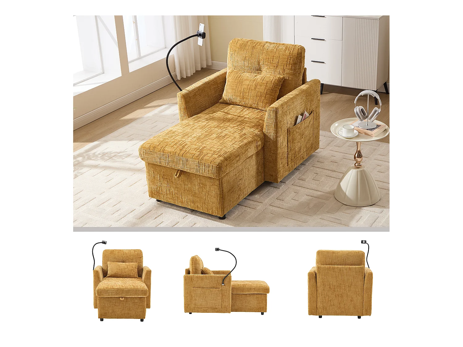 Fauteuil relax multifonction avec dossier escamotable, support pour téléphone, tissu chenille jaune moutarde (125x84.5x87 cm)