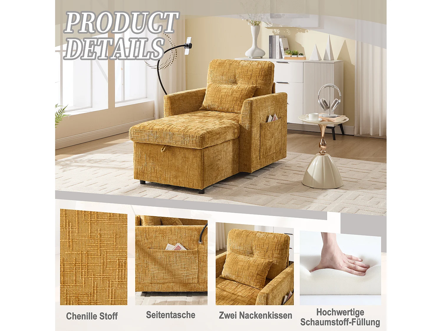 Fauteuil relax multifonction avec dossier escamotable, support pour téléphone, tissu chenille jaune moutarde (125x84.5x87 cm)