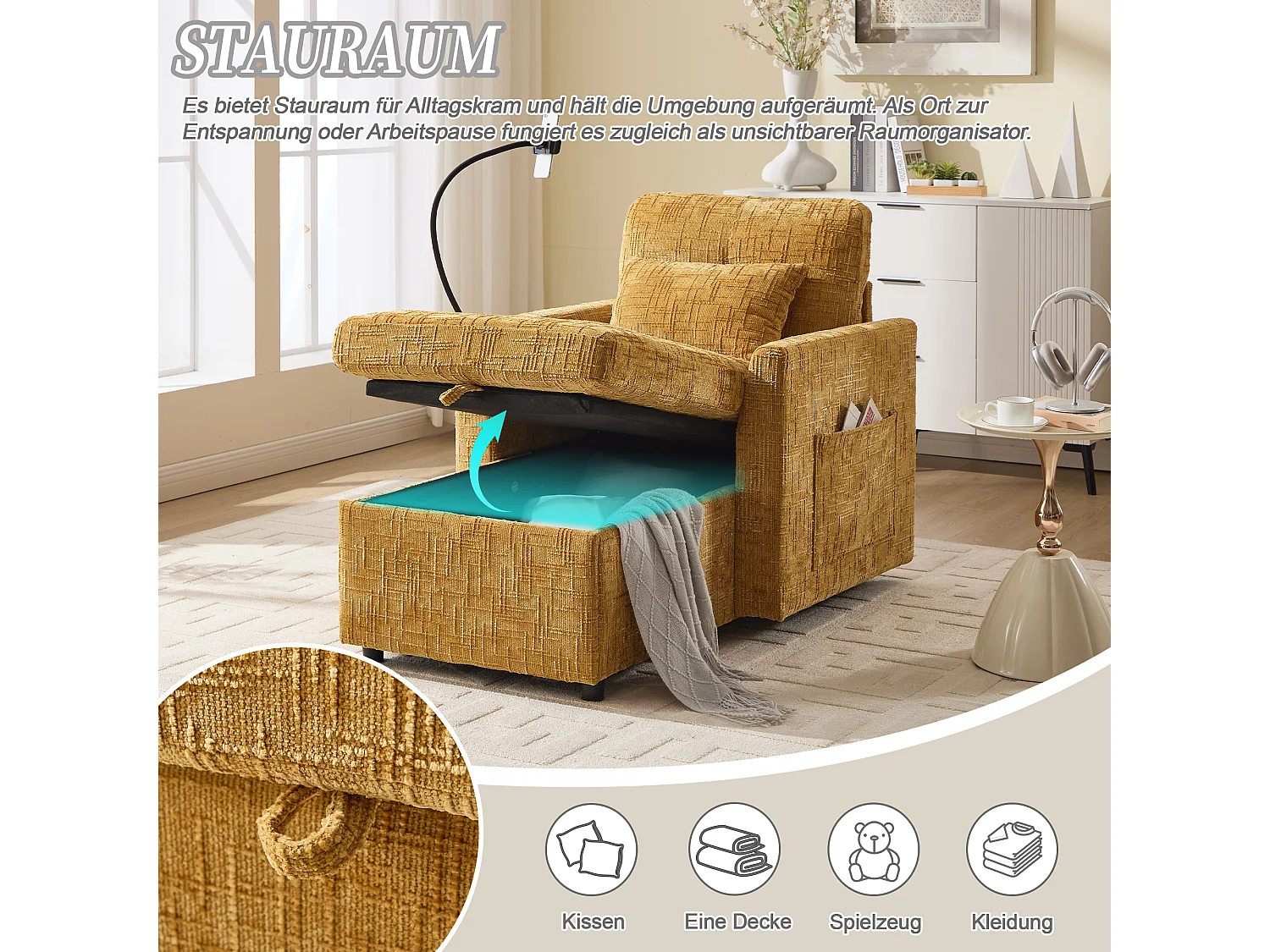 Fauteuil relax multifonction avec dossier escamotable, support pour téléphone, tissu chenille jaune moutarde (125x84.5x87 cm)