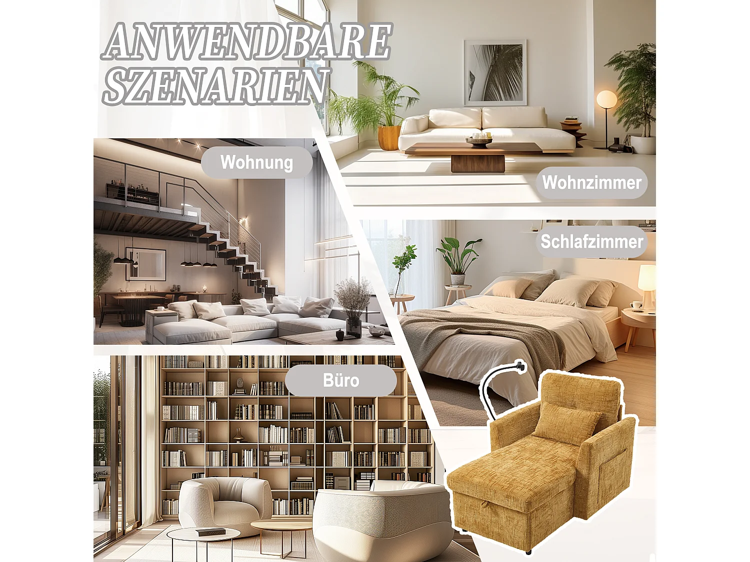 Fauteuil relax multifonction avec dossier escamotable, support pour téléphone, tissu chenille jaune moutarde (125x84.5x87 cm)