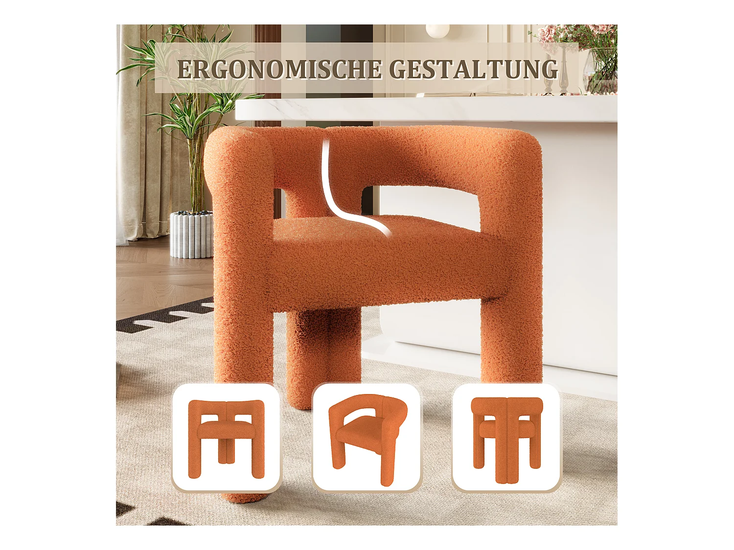 Fauteuil ergonomique en Teddy Flor premium, design unique, confort optimal, couleur orange (62.5x32.5x71 cm)