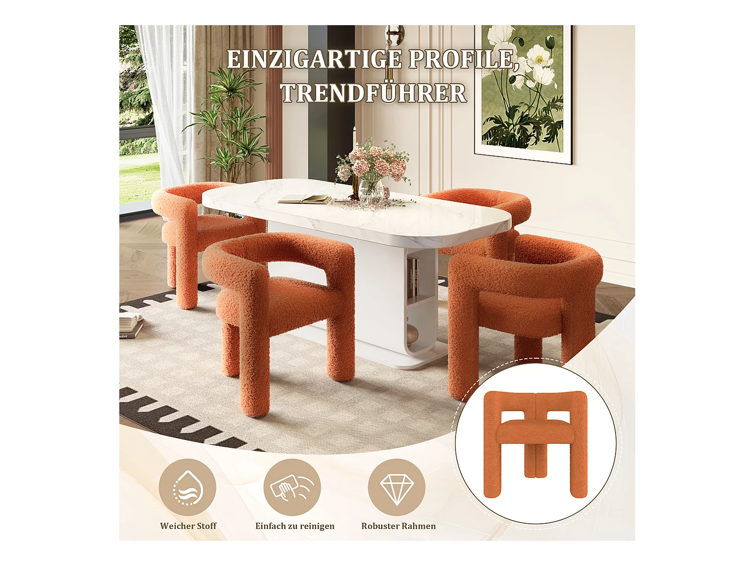 Fauteuil ergonomique en Teddy Flor premium, design unique, confort optimal, couleur orange (62.5x32.5x71 cm)