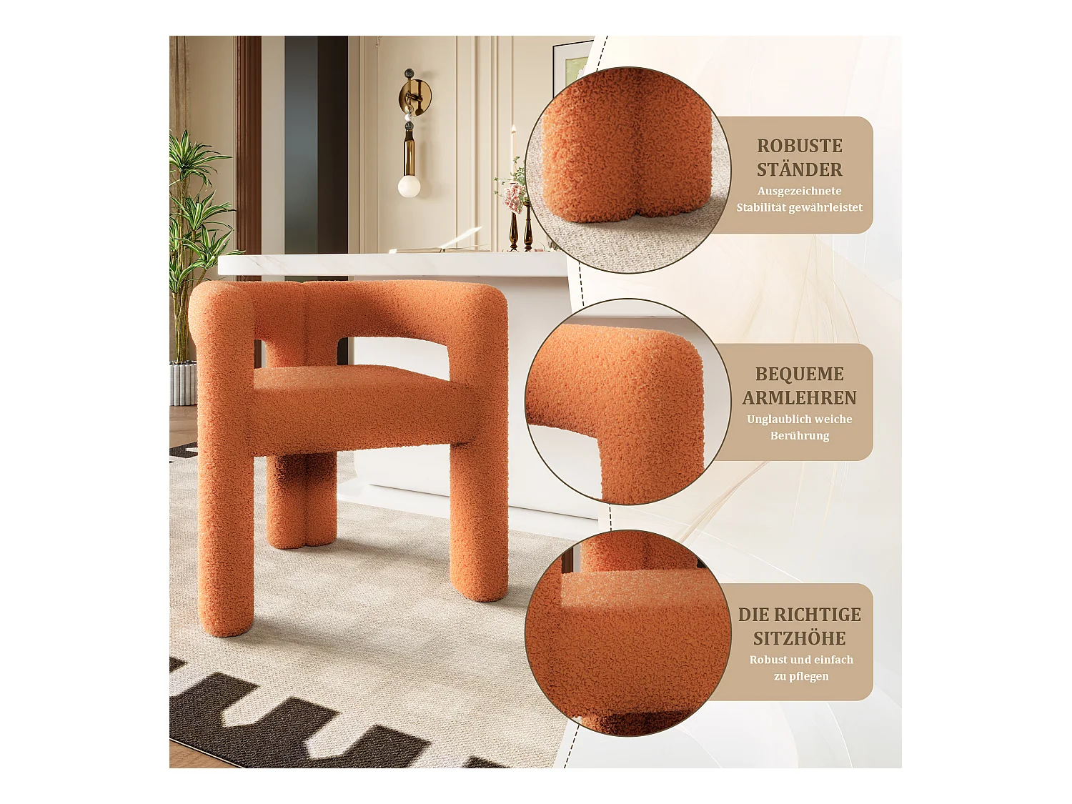 Fauteuil ergonomique en Teddy Flor premium, design unique, confort optimal, couleur orange (62.5x32.5x71 cm)