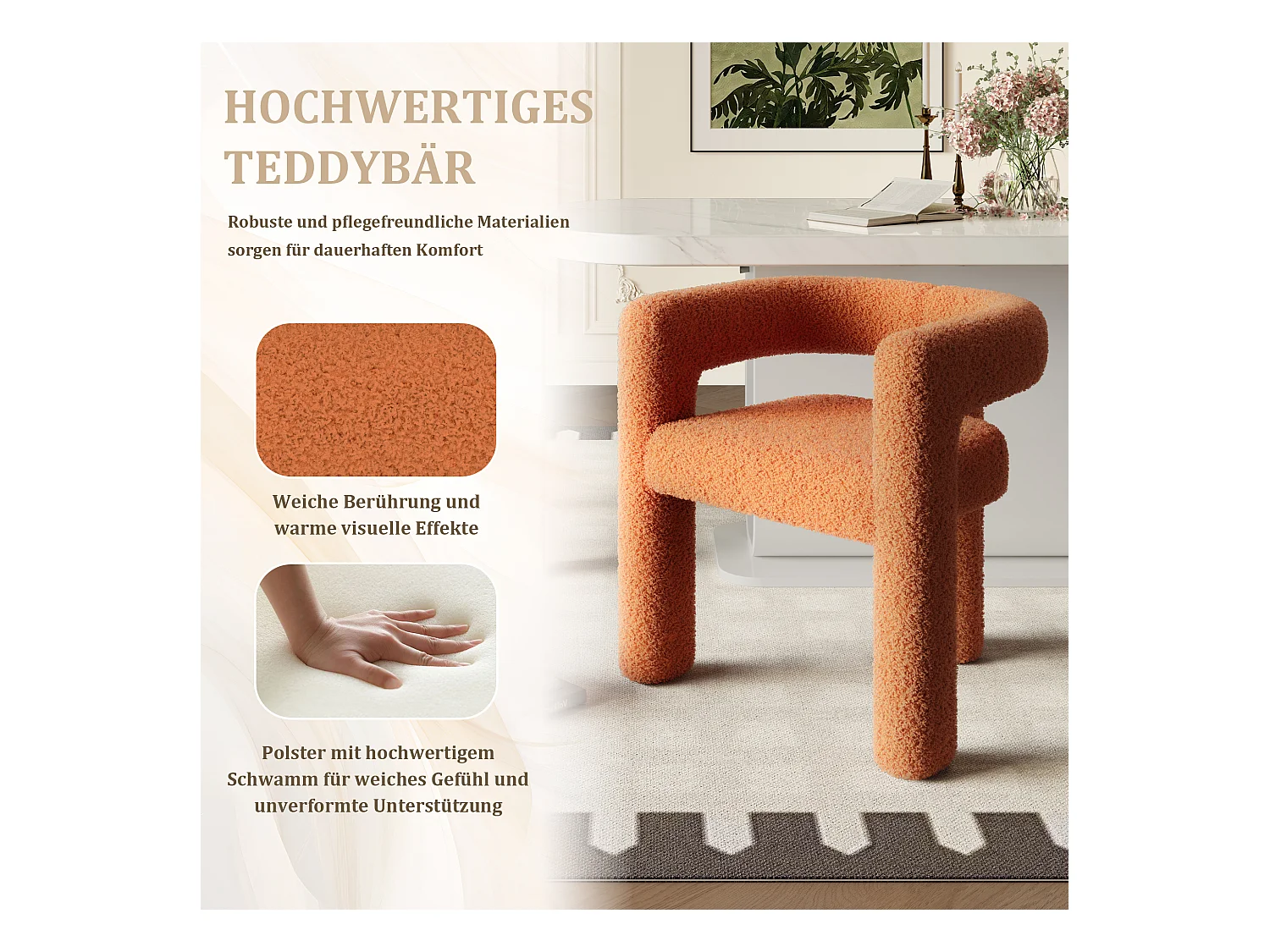 Fauteuil ergonomique en Teddy Flor premium, design unique, confort optimal, couleur orange (62.5x32.5x71 cm)