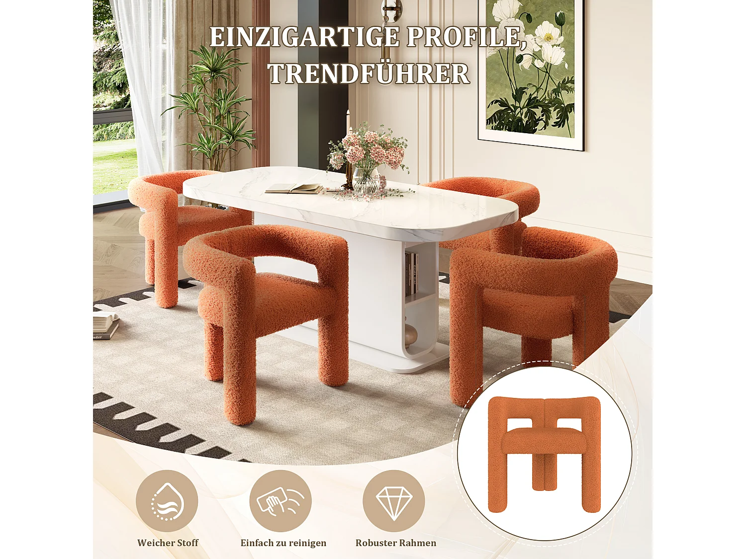 Fauteuil ergonomique en Teddy Flor premium, design unique, confort optimal, couleur orange (62.5x32.5x71 cm)