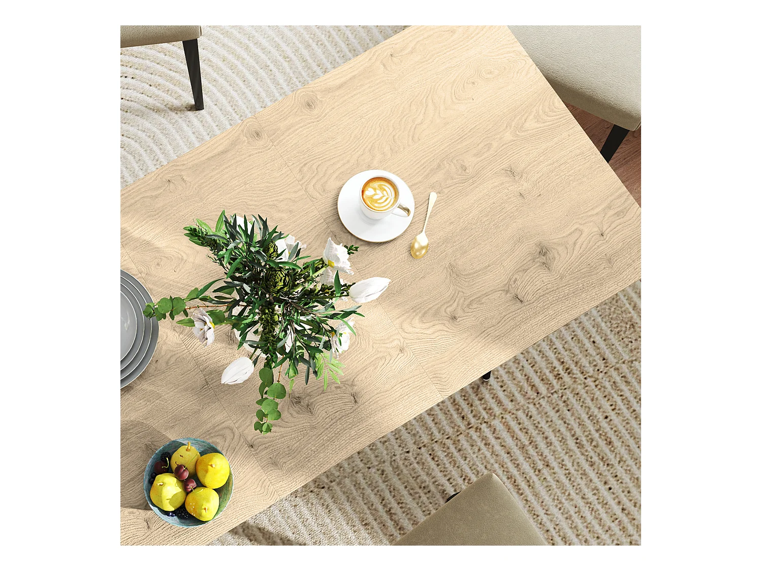 Table à manger extensible, design moderne, MDF et pieds en acier, couleur naturelle (160x75x77 cm)