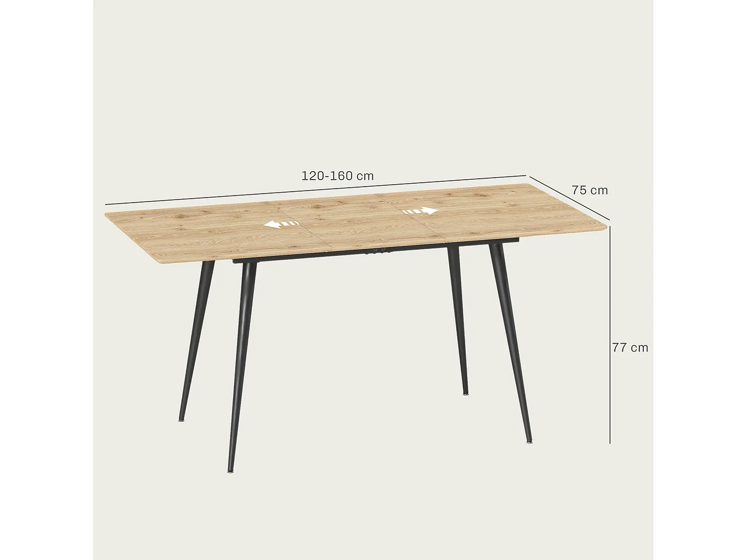 Table à manger extensible, design moderne, MDF et pieds en acier, couleur naturelle (160x75x77 cm)