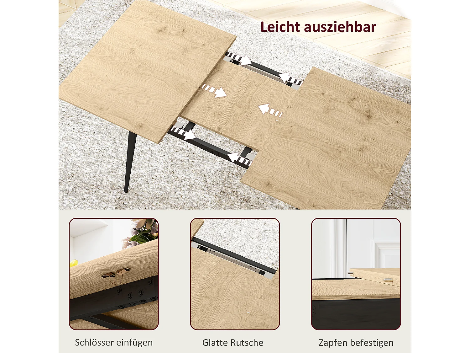 Table à manger extensible, design moderne, MDF et pieds en acier, couleur naturelle (160x75x77 cm)