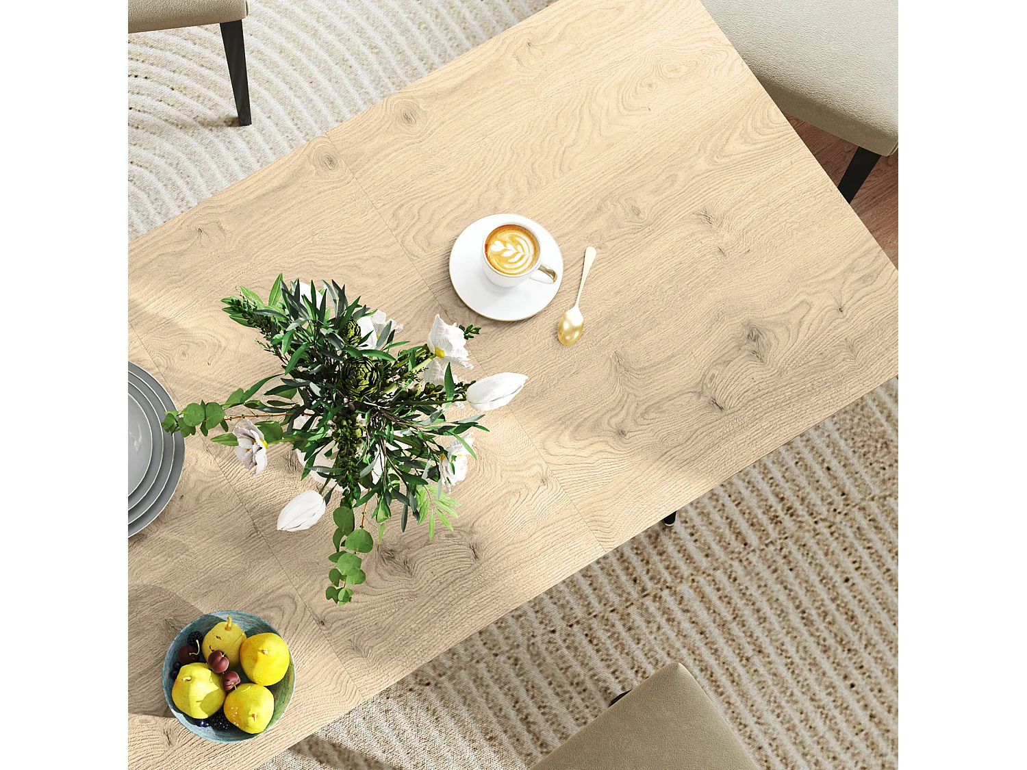 Table à manger extensible, design moderne, MDF et pieds en acier, couleur naturelle (160x75x77 cm)