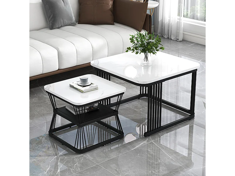 Ensemble de 2 tables basses modernes, MDF effet marbre, pieds en acier blanc et noir, (65x65x45 cm et 45x45x39.5 cm)