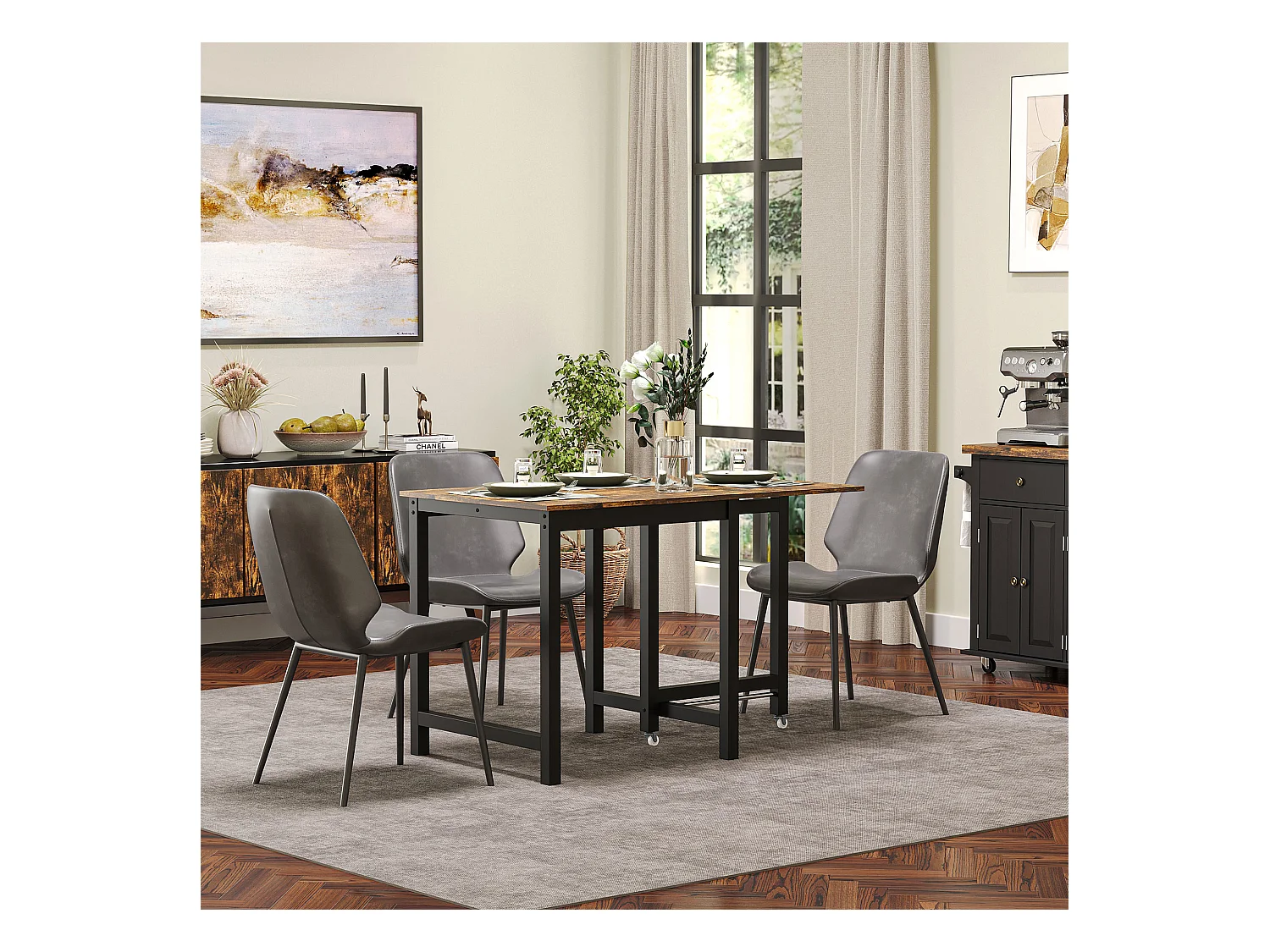 Ausziehbarer Esstisch, mit Rollen, kompaktes Design, Metall, Holz, braun (118x70x76,5 cm)