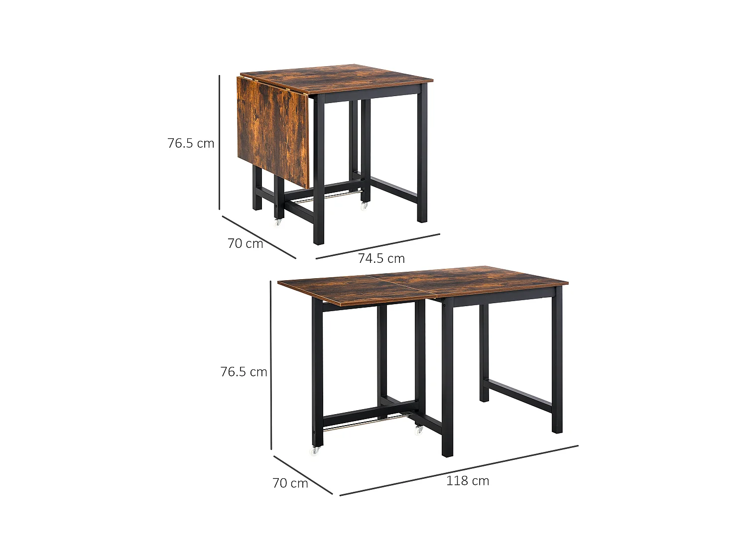 Ausziehbarer Esstisch, mit Rollen, kompaktes Design, Metall, Holz, braun (118x70x76,5 cm)