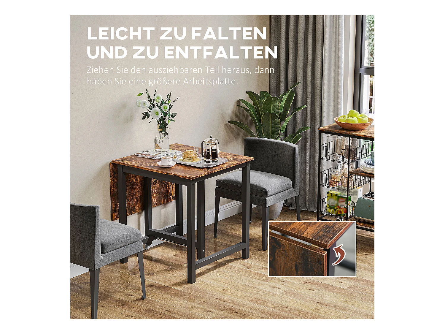 Ausziehbarer Esstisch, mit Rollen, kompaktes Design, Metall, Holz, braun (118x70x76,5 cm)
