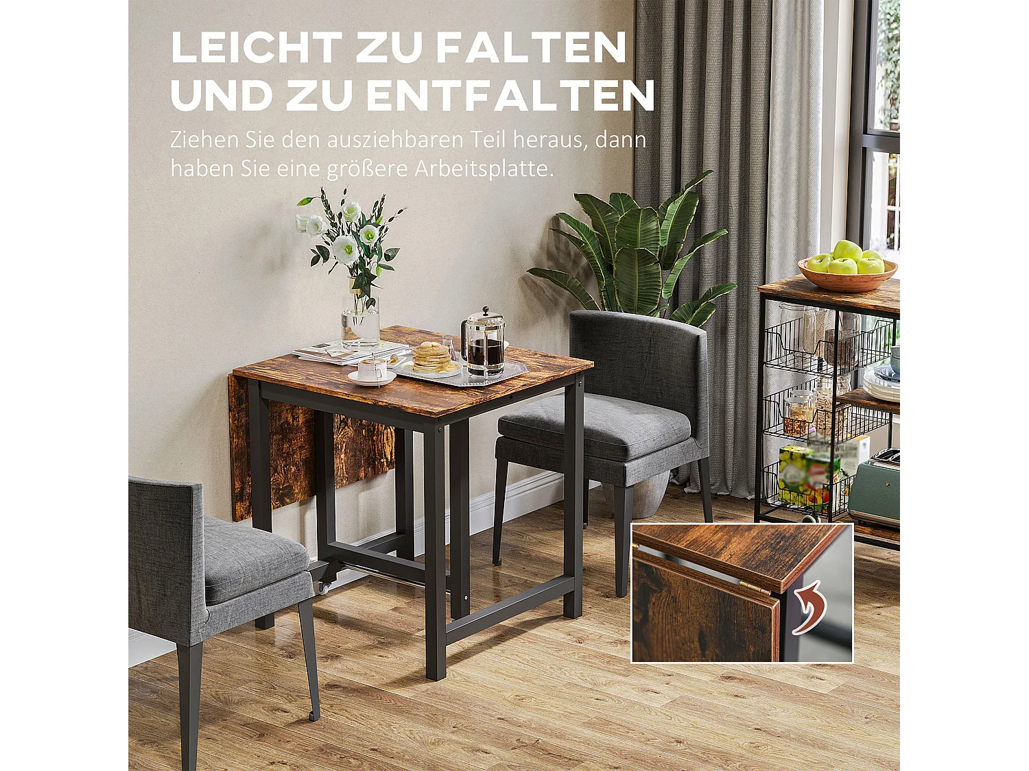 Table à manger extensible, avec roulettes, design compact, métal, bois, brun (118x70x76.5 cm)