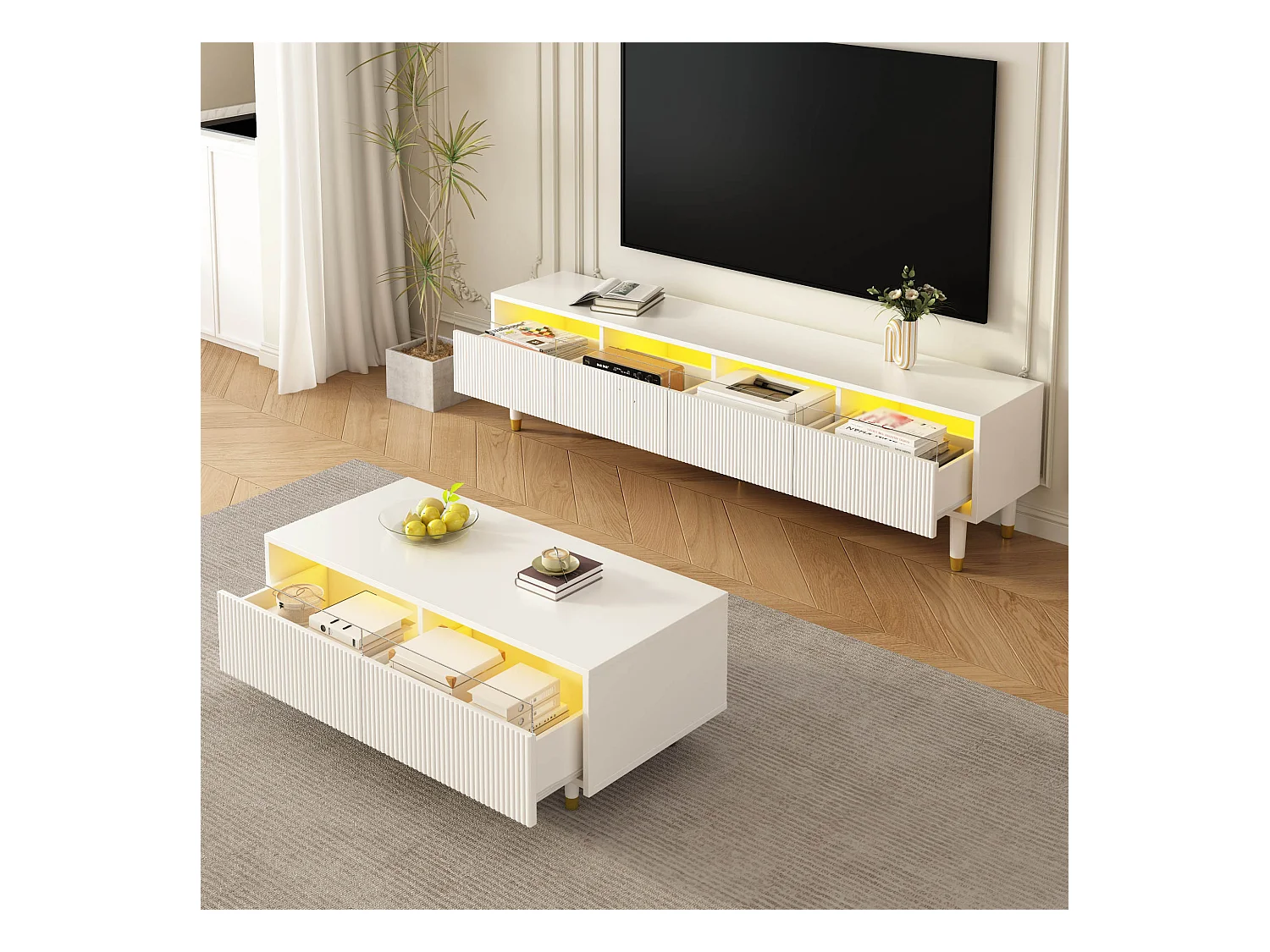 Table basse LED avec fonction de levage, verre et MDF, blanc et or, design moderne (110x50x40 cm)