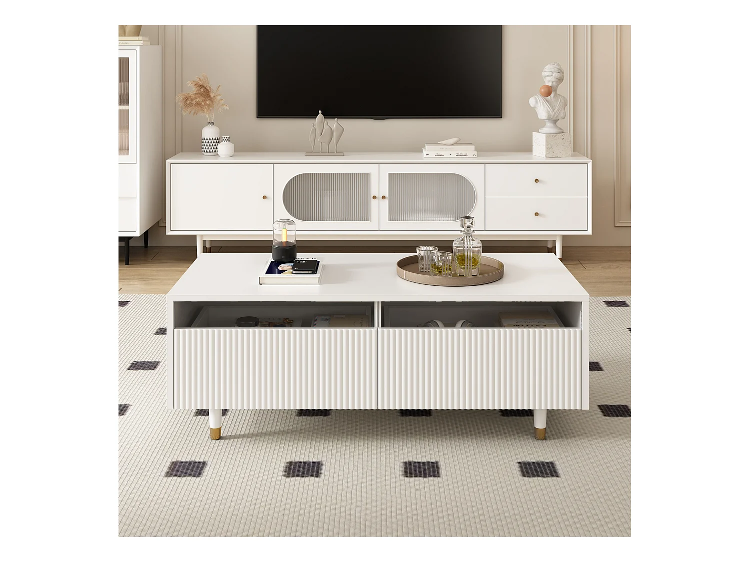 Table basse LED avec fonction de levage, verre et MDF, blanc et or, design moderne (110x50x40 cm)