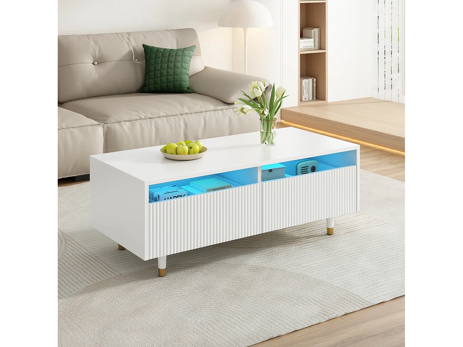 Table basse LED avec fonction de levage, verre et MDF, blanc et or, design moderne (110x50x40 cm)