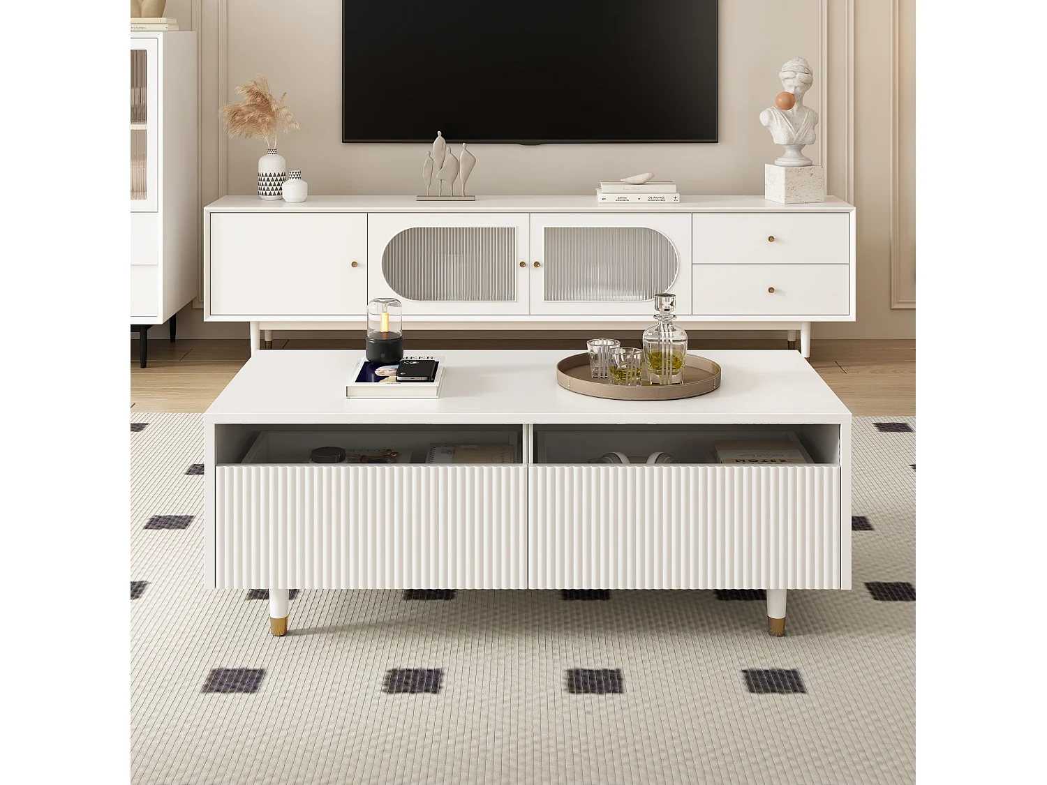 Table basse LED avec fonction de levage, verre et MDF, blanc et or, design moderne (110x50x40 cm)