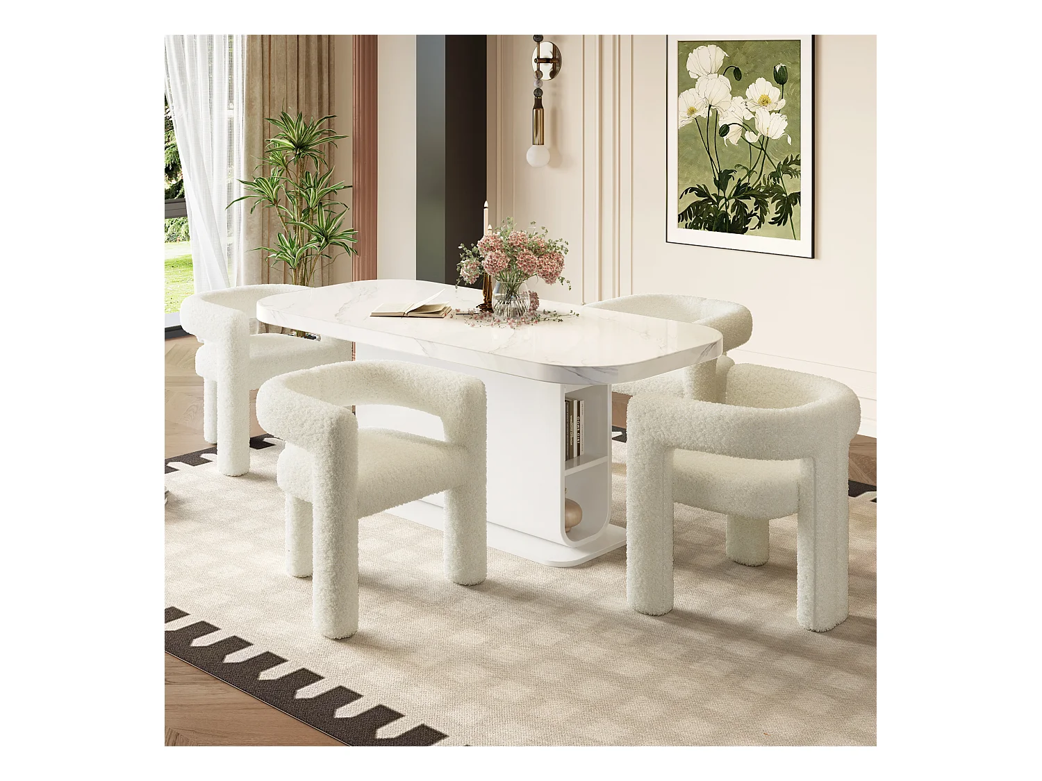 Chaise ergonomique avec tissu teddy premium, design unique, blanc (62.5x32.5x71 cm)