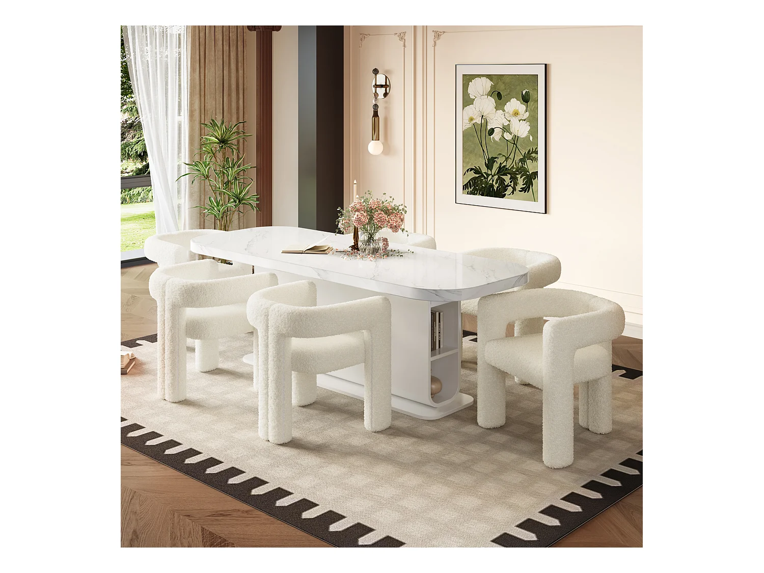 Chaise ergonomique avec tissu teddy premium, design unique, blanc (62.5x32.5x71 cm)