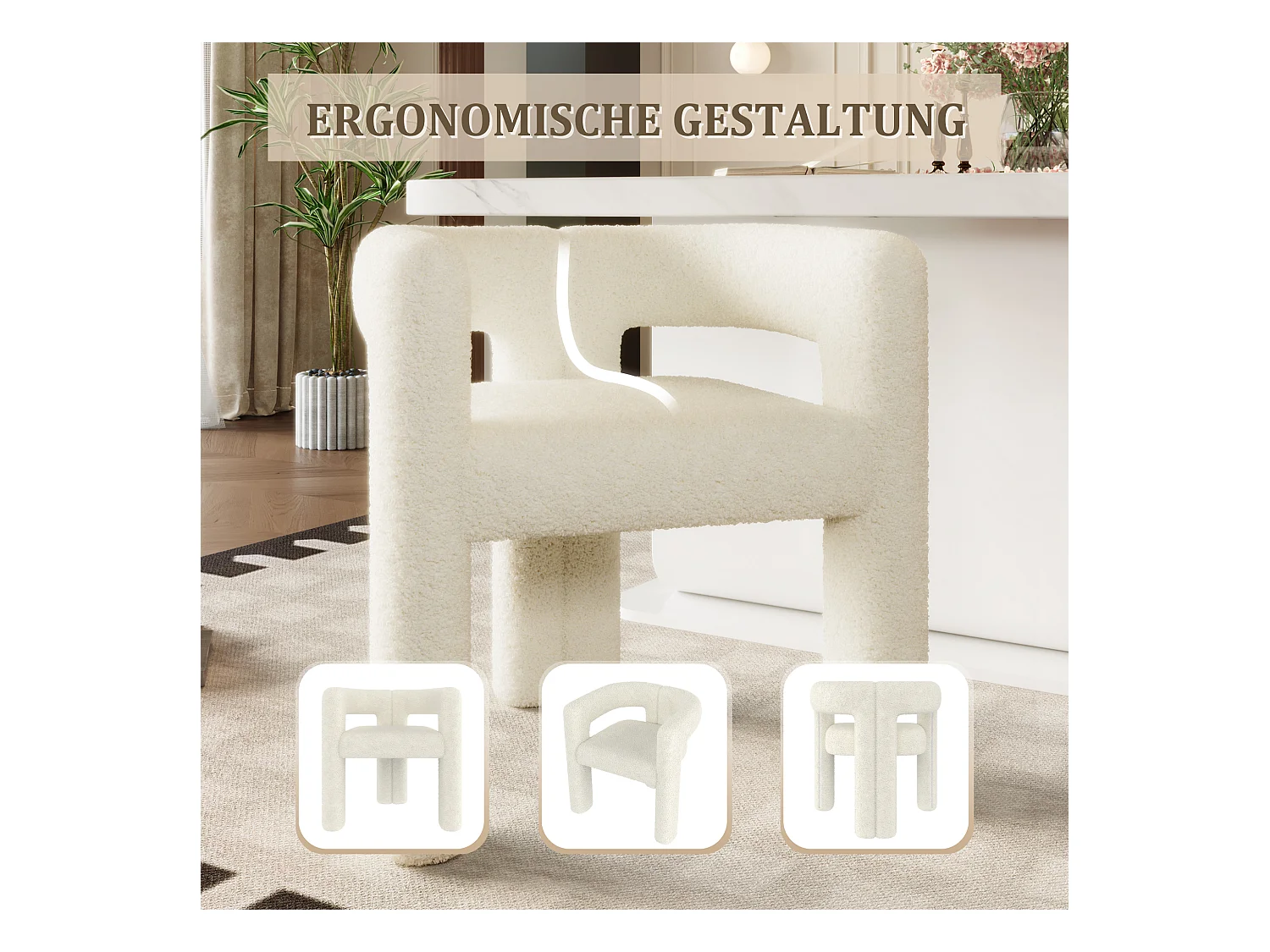 Chaise ergonomique avec tissu teddy premium, design unique, blanc (62.5x32.5x71 cm)