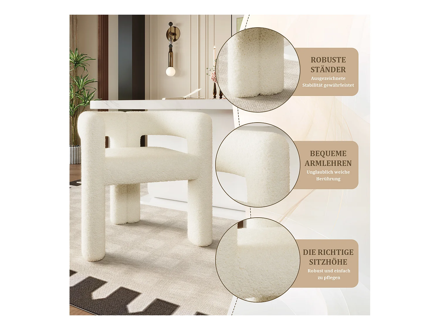 Chaise ergonomique avec tissu teddy premium, design unique, blanc (62.5x32.5x71 cm)