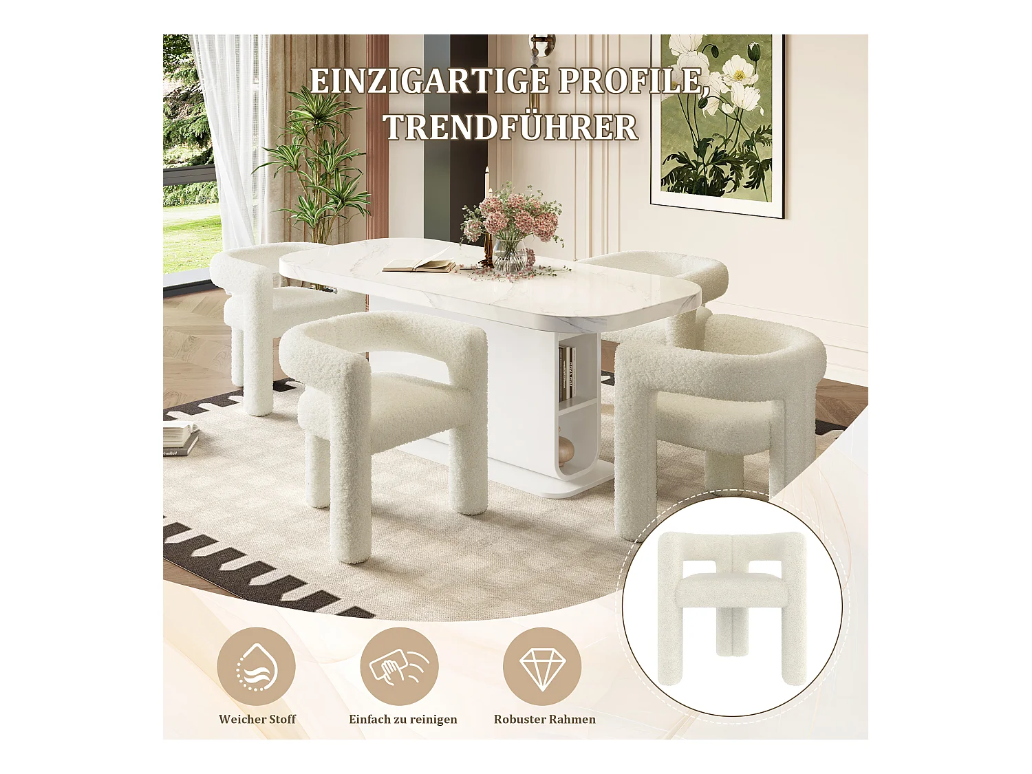 Chaise ergonomique avec tissu teddy premium, design unique, blanc (62.5x32.5x71 cm)