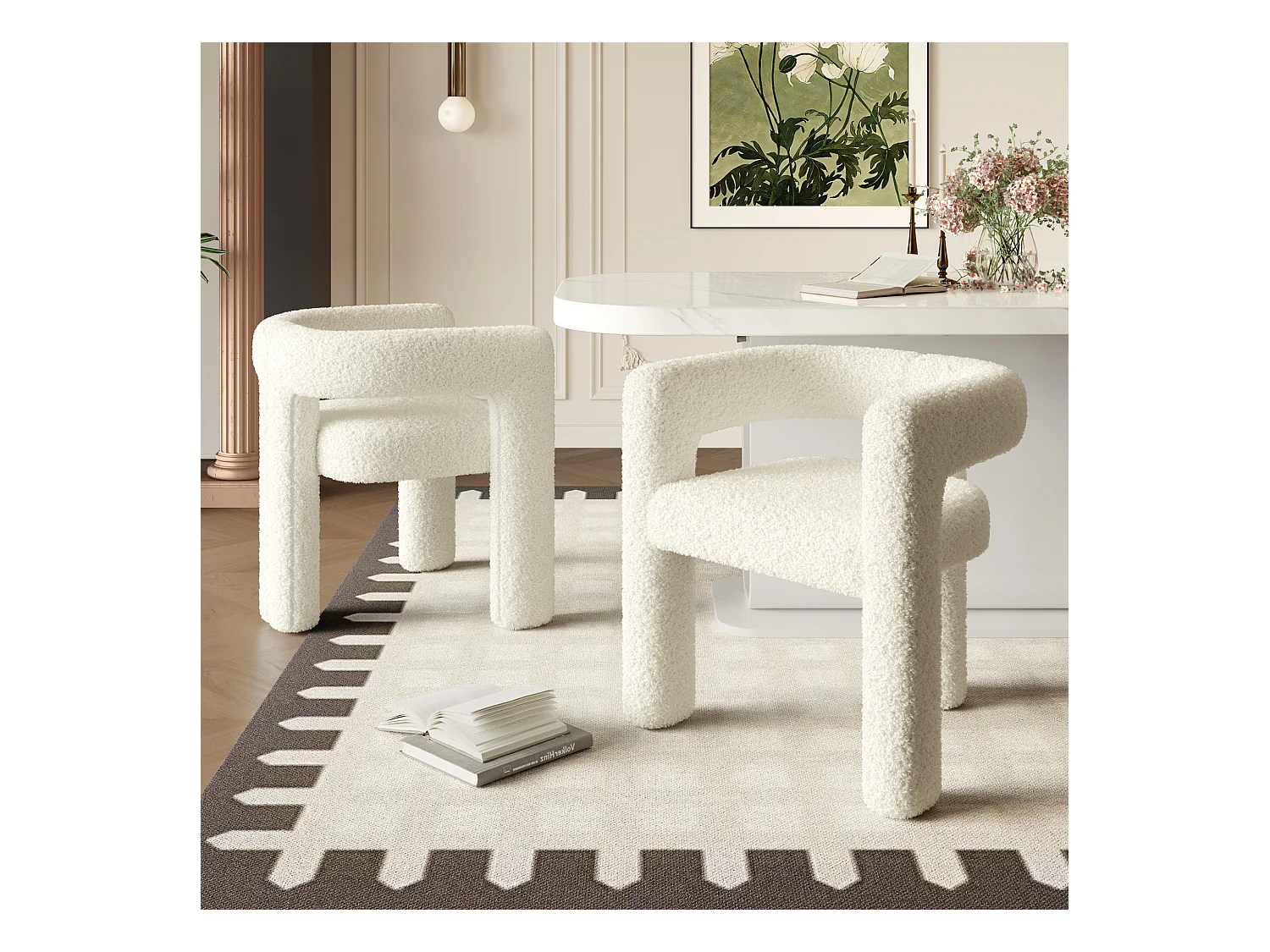 Chaise ergonomique avec tissu teddy premium, design unique, blanc (62.5x32.5x71 cm)