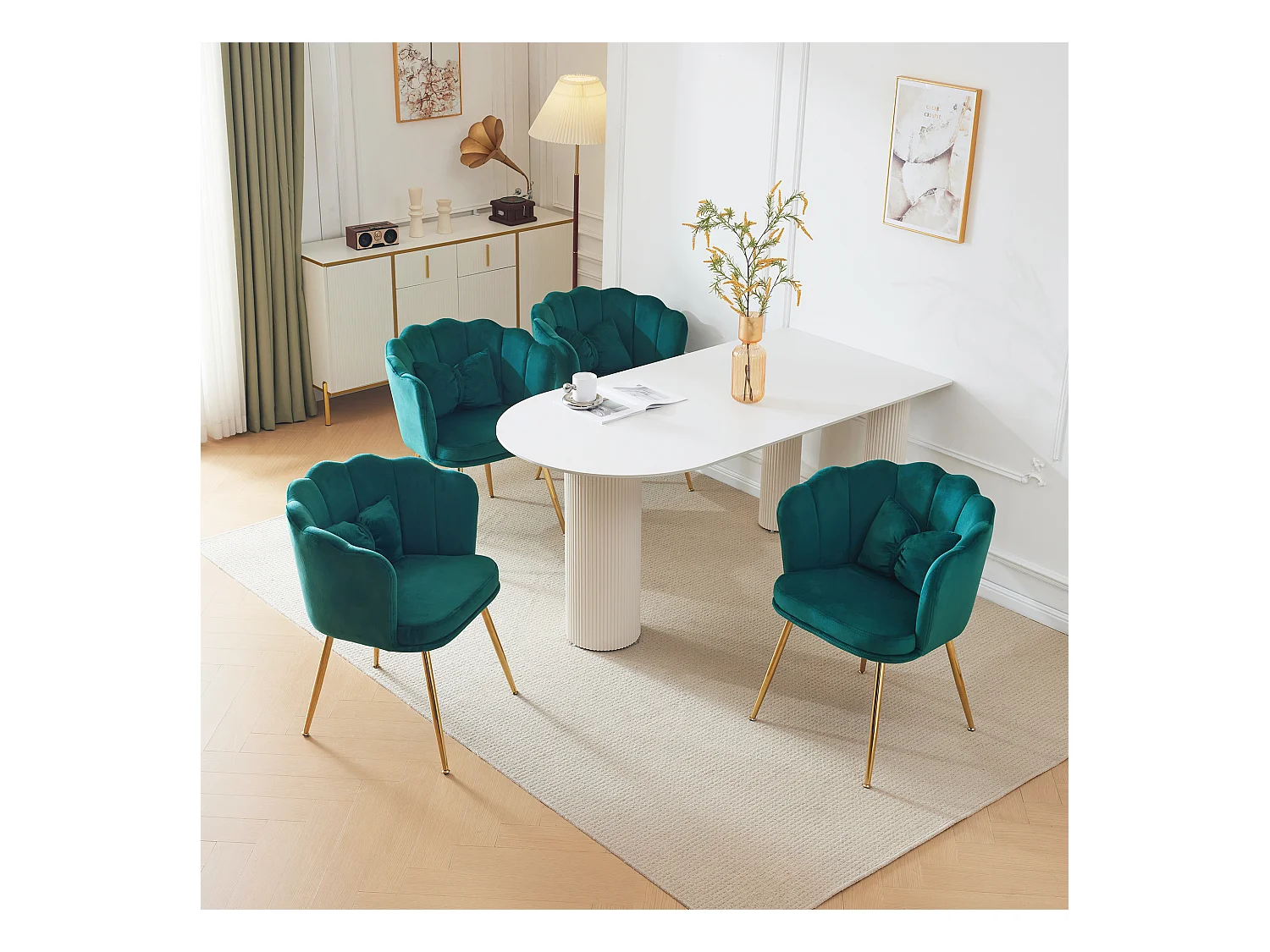 Set de 4 chaises modernes en velours, design à dossier en pétale, coussin lombaire papillon, pieds métalliques dorés, vert (63x58x77 cm)