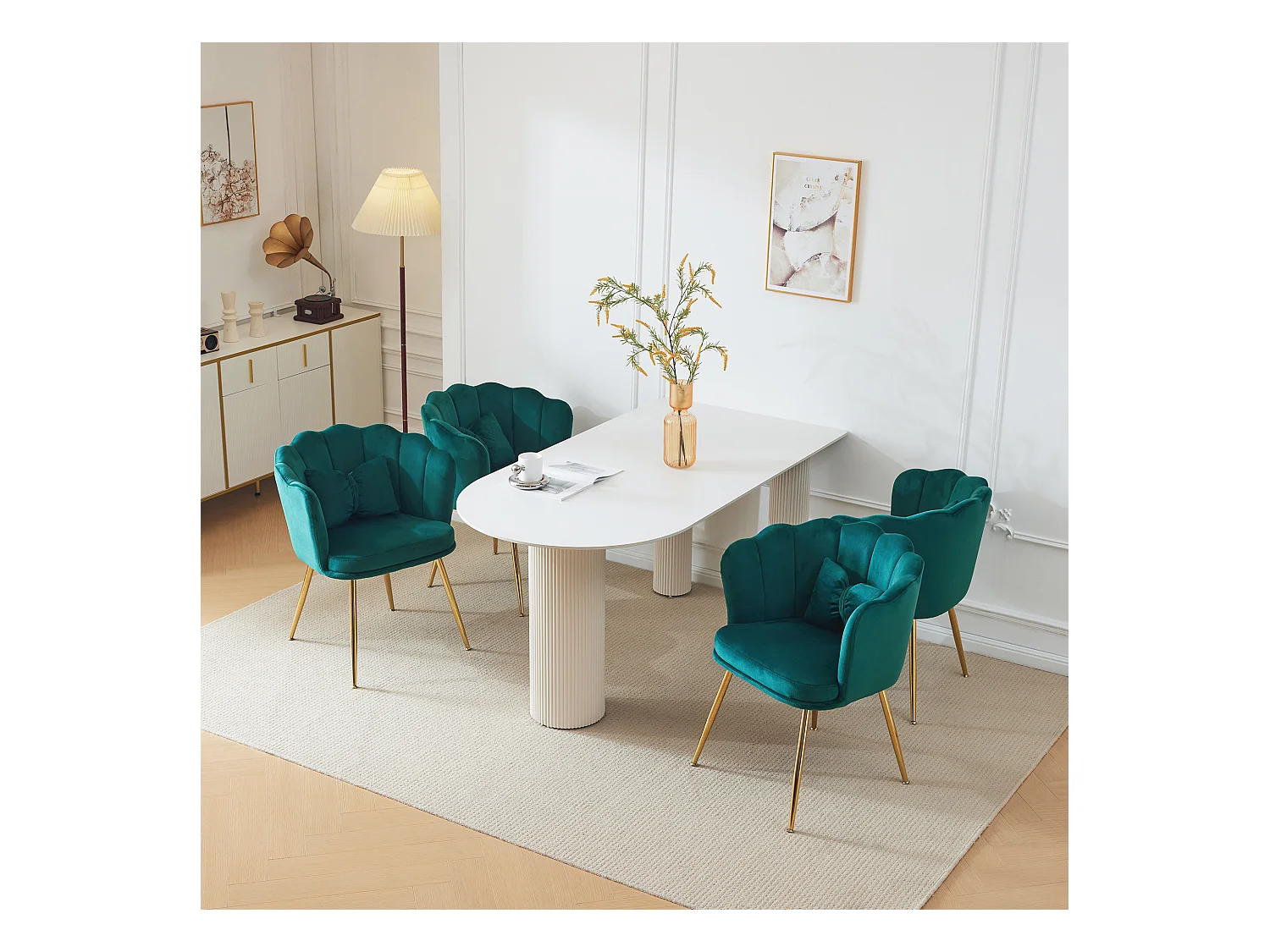 Set de 4 chaises modernes en velours, design à dossier en pétale, coussin lombaire papillon, pieds métalliques dorés, vert (63x58x77 cm)