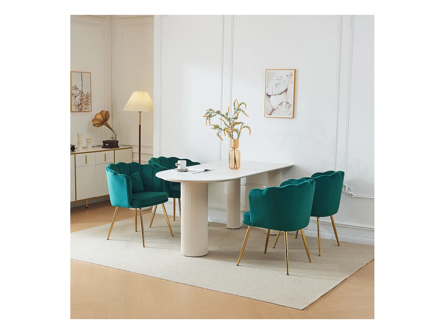 Set de 4 chaises modernes en velours, design à dossier en pétale, coussin lombaire papillon, pieds métalliques dorés, vert (63x58x77 cm)