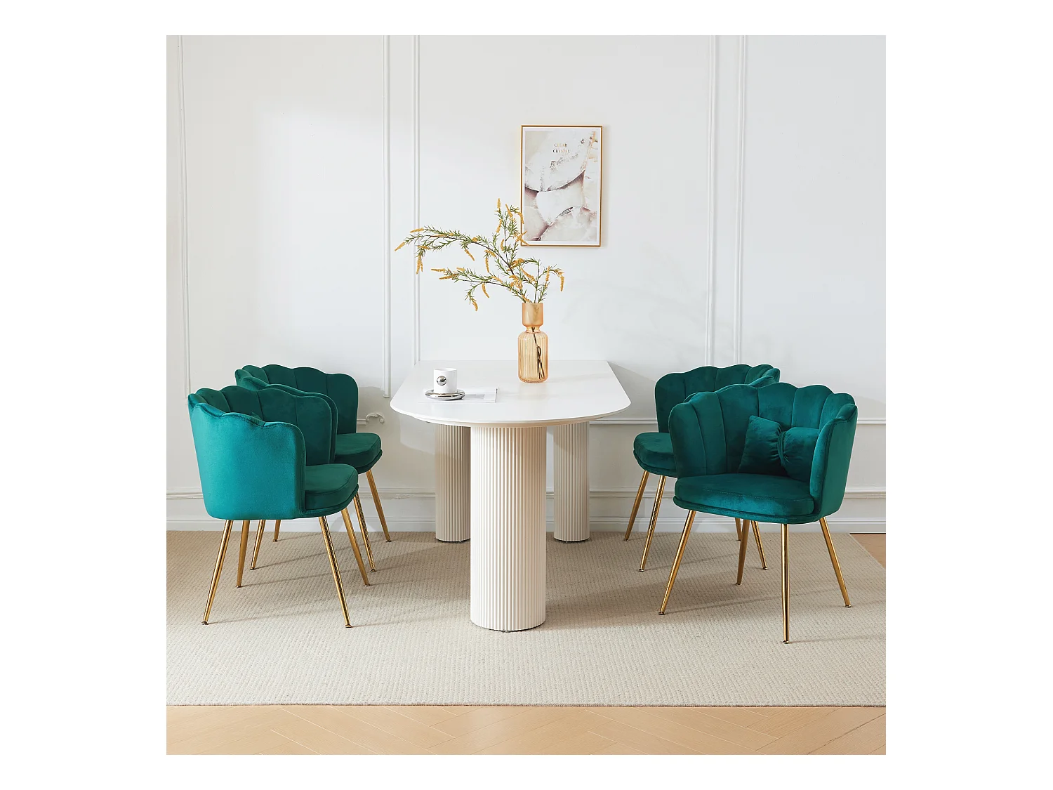 Set de 4 chaises modernes en velours, design à dossier en pétale, coussin lombaire papillon, pieds métalliques dorés, vert (63x58x77 cm)