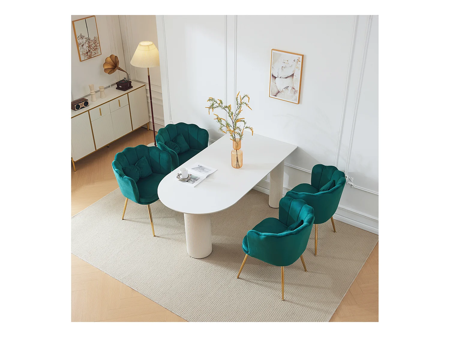 Set de 4 chaises modernes en velours, design à dossier en pétale, coussin lombaire papillon, pieds métalliques dorés, vert (63x58x77 cm)