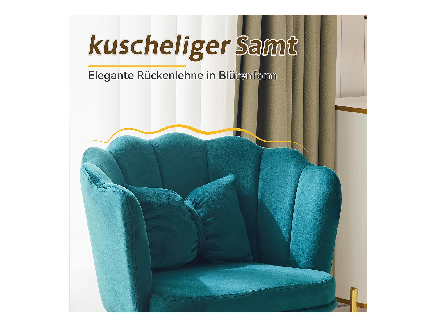 Set de 4 chaises modernes en velours, design à dossier en pétale, coussin lombaire papillon, pieds métalliques dorés, vert (63x58x77 cm)