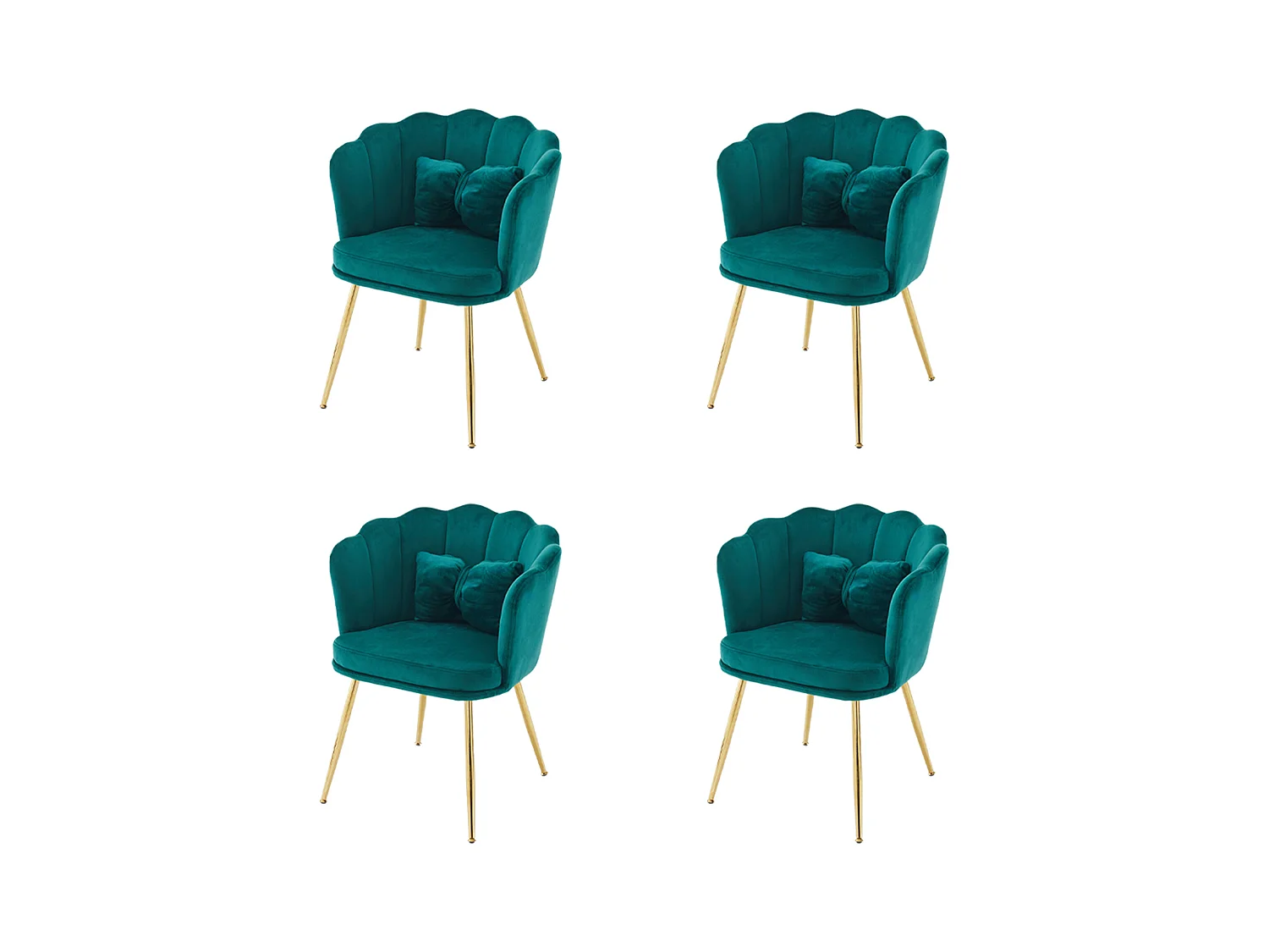 Set de 4 chaises modernes en velours, design à dossier en pétale, coussin lombaire papillon, pieds métalliques dorés, vert (63x58x77 cm)