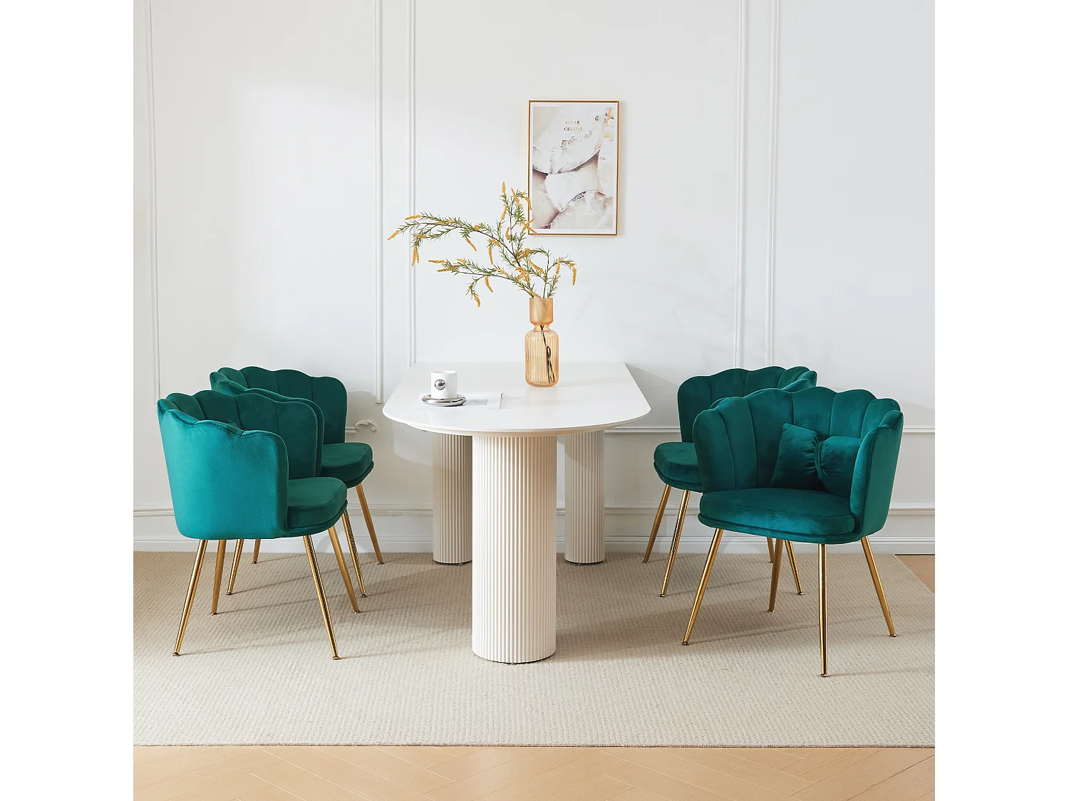 Set de 4 chaises modernes en velours, design à dossier en pétale, coussin lombaire papillon, pieds métalliques dorés, vert (63x58x77 cm)