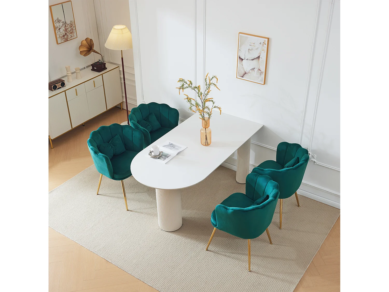 Set de 4 chaises modernes en velours, design à dossier en pétale, coussin lombaire papillon, pieds métalliques dorés, vert (63x58x77 cm)