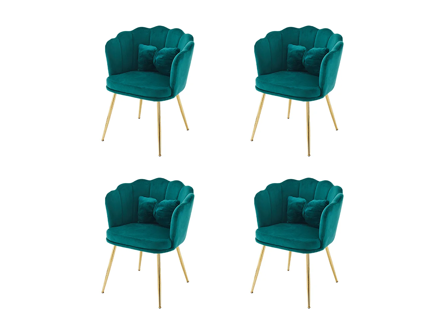 Set de 4 chaises modernes en velours, design à dossier en pétale, coussin lombaire papillon, pieds métalliques dorés, vert (63x58x77 cm)