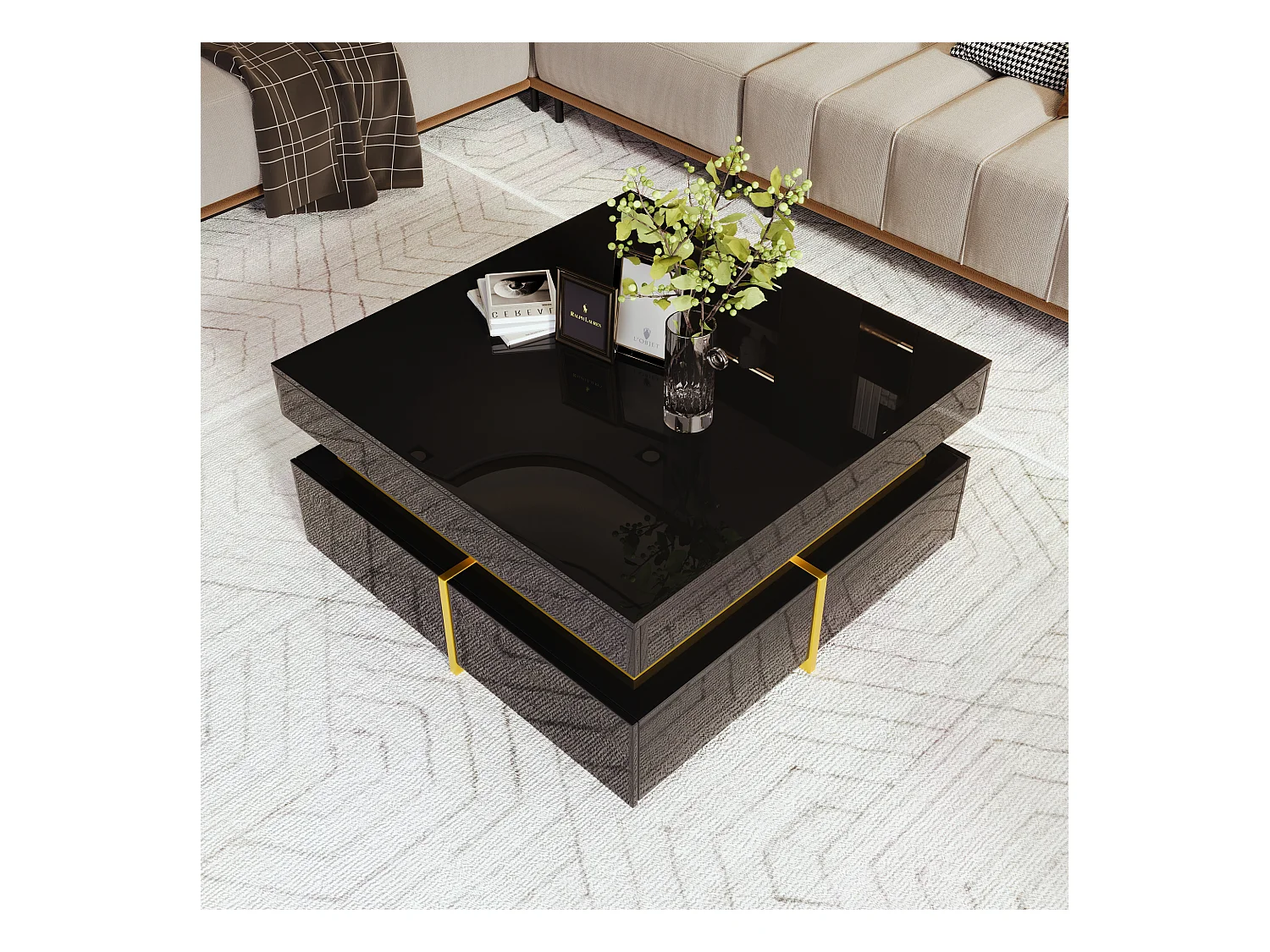 Gelakte salontafel, bijzettafel met lades en gouden accenten, MDF, zwart, (70x70x35,5 cm)