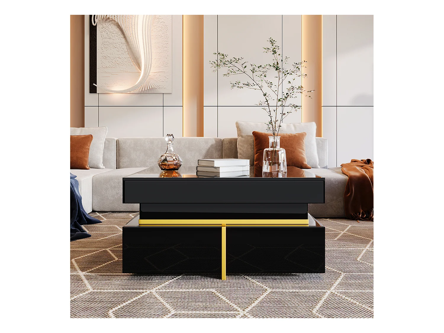Gelakte salontafel, bijzettafel met lades en gouden accenten, MDF, zwart, (70x70x35,5 cm)