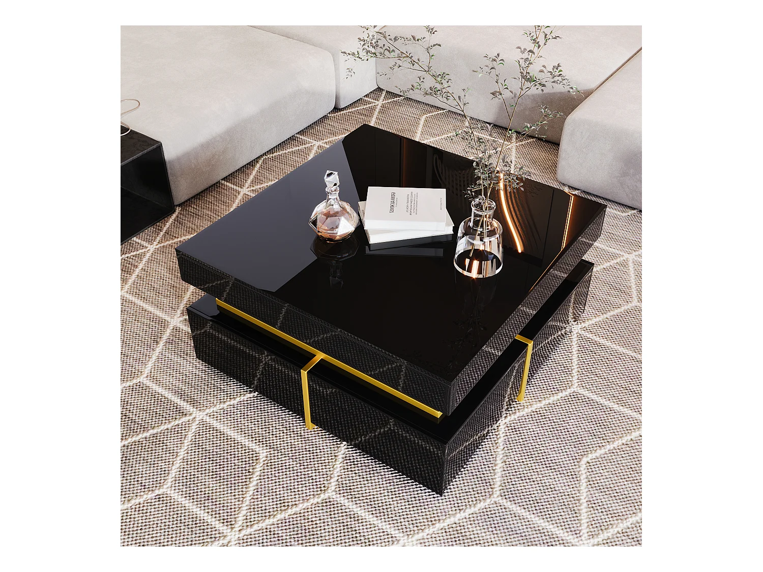 Gelakte salontafel, bijzettafel met lades en gouden accenten, MDF, zwart, (70x70x35,5 cm)