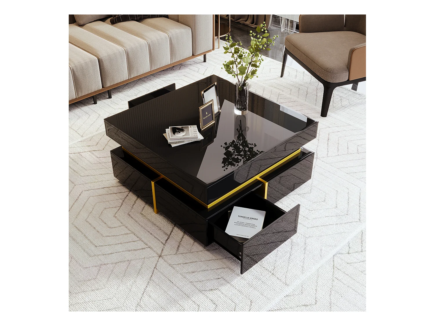 Gelakte salontafel, bijzettafel met lades en gouden accenten, MDF, zwart, (70x70x35,5 cm)