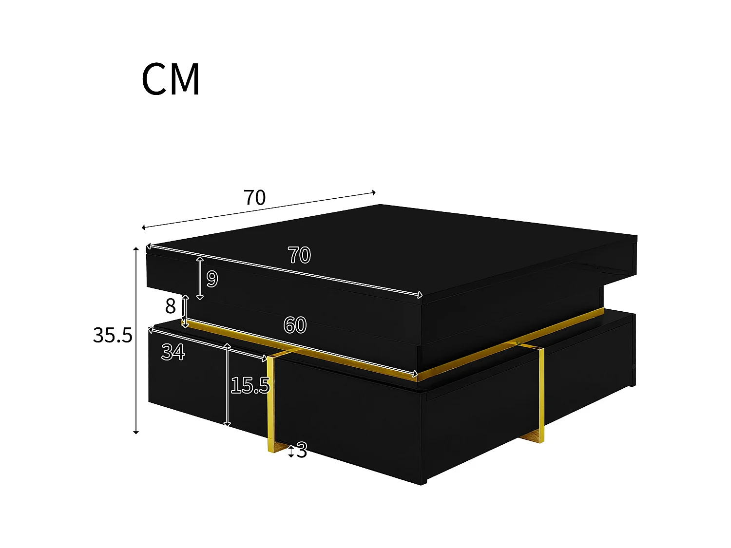 Gelakte salontafel, bijzettafel met lades en gouden accenten, MDF, zwart, (70x70x35,5 cm)