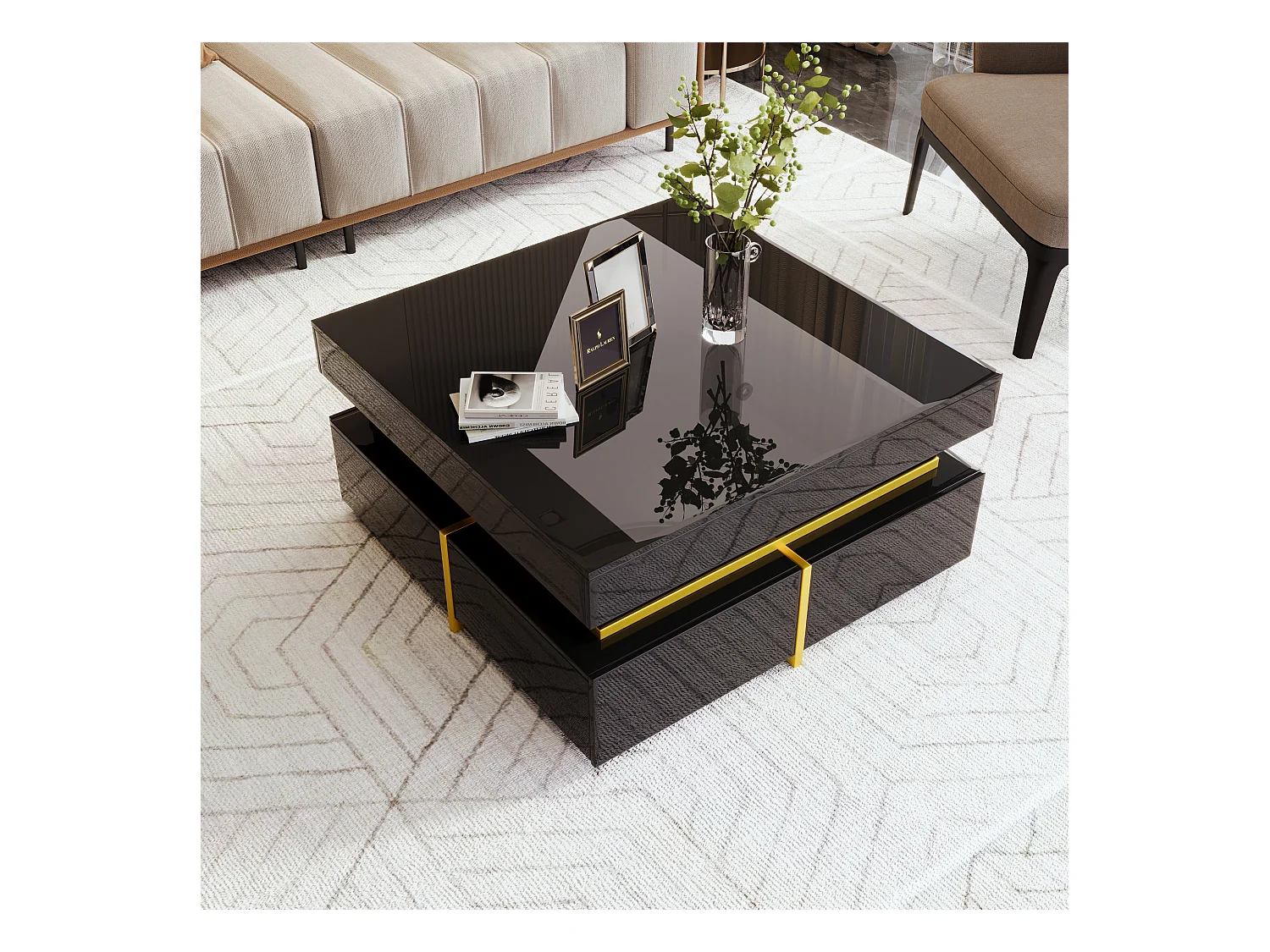 Table basse laquée, table d'appoint avec tiroirs et accents dorés, MDF, noir, (70x70x35.5 cm)