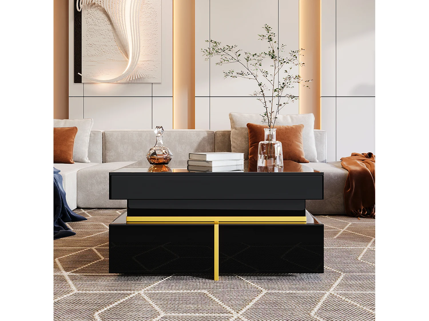 Table basse laquée, table d'appoint avec tiroirs et accents dorés, MDF, noir, (70x70x35.5 cm)